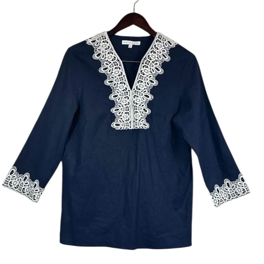 Preston & York Navy Lace Embroidered V-Neck Linen Blend Tunic Blouse Size 10 - Image 2