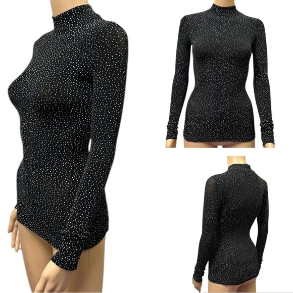 Newport Starry Night Mock Neck Long Sleeve Lightweight Bodycon Nylon Top Small Black - Image 2