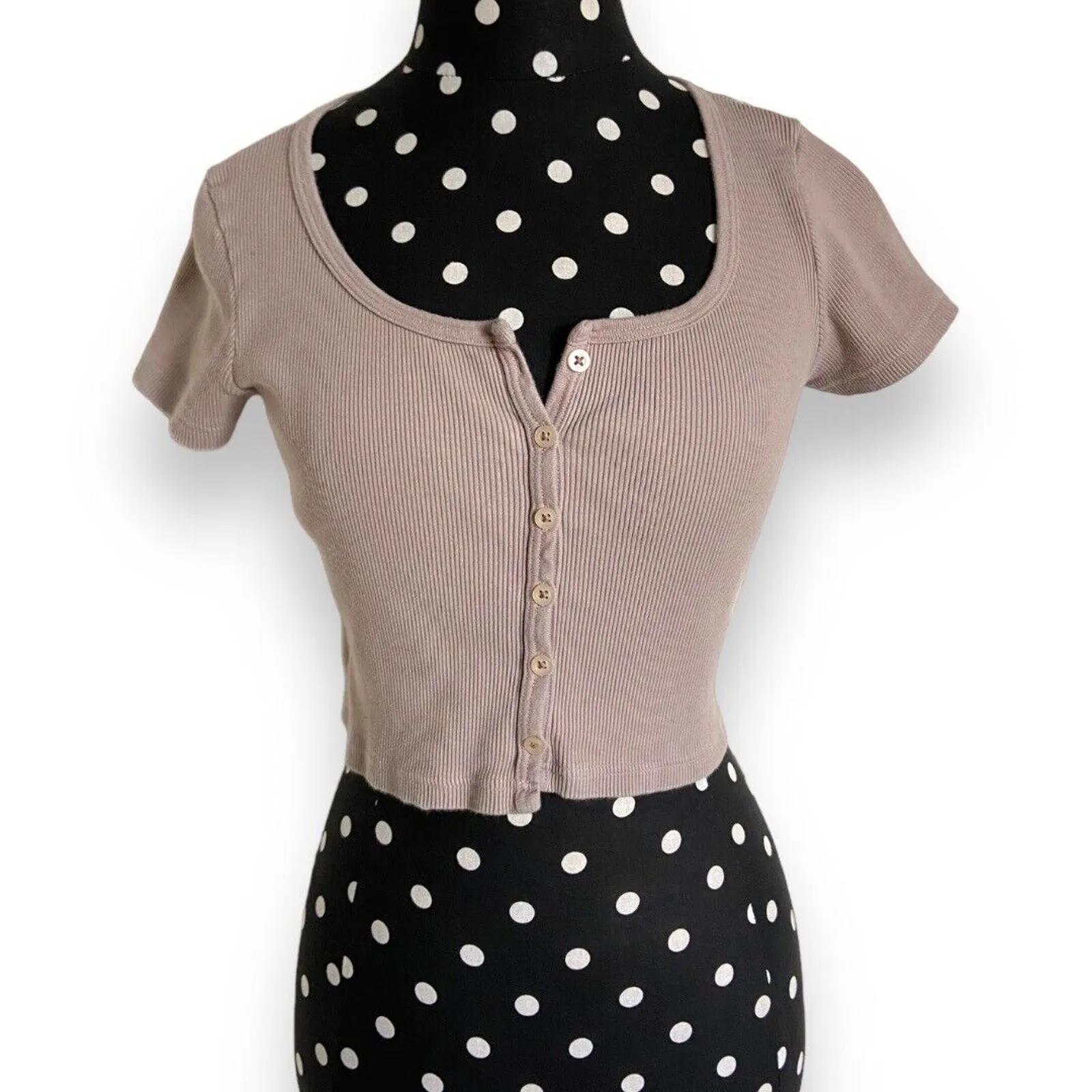 Brandy Melville John Galt Womens Top Taupe Ribbed Button Up Zelly Y2K Cropped‎ - Image 3