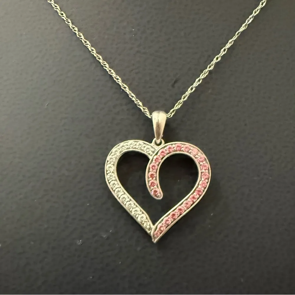 Vintage 925 Sterling Silver Pink Clear Pave Crystal Open Heart Pendant Necklace - Image 5