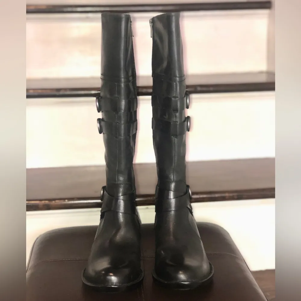 BORN Black Knee High Leather Moto Riding Boots w Straps Buckles NWOT SZ 8 - Image 15