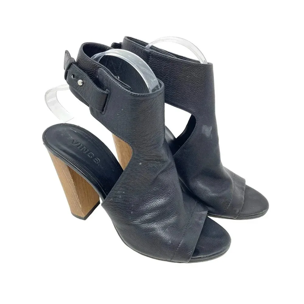 Vince Addie Cutout Black Leather‎ Sandal Wood Heels Size US 8 - Image 3