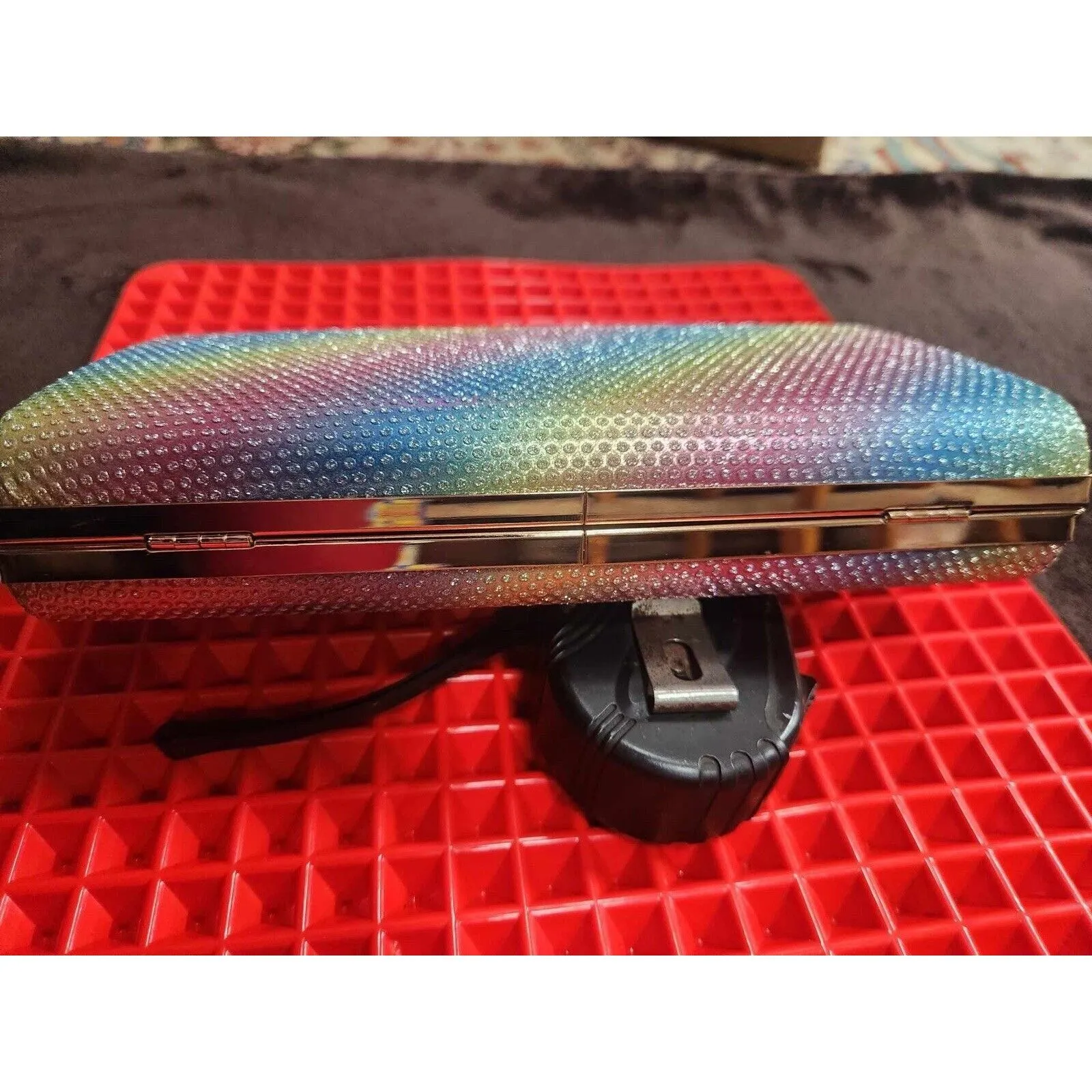 Rainbow Colored Rhinestone Clutch Purse Gold Tone Hardware - Image 6