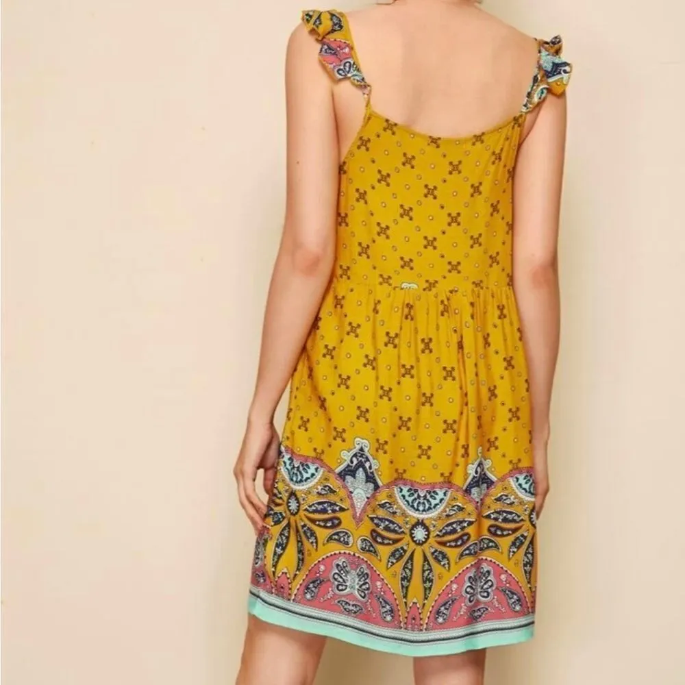 Shein Burnt Yellow Patterned Bohemian Dress (S) - Image 2