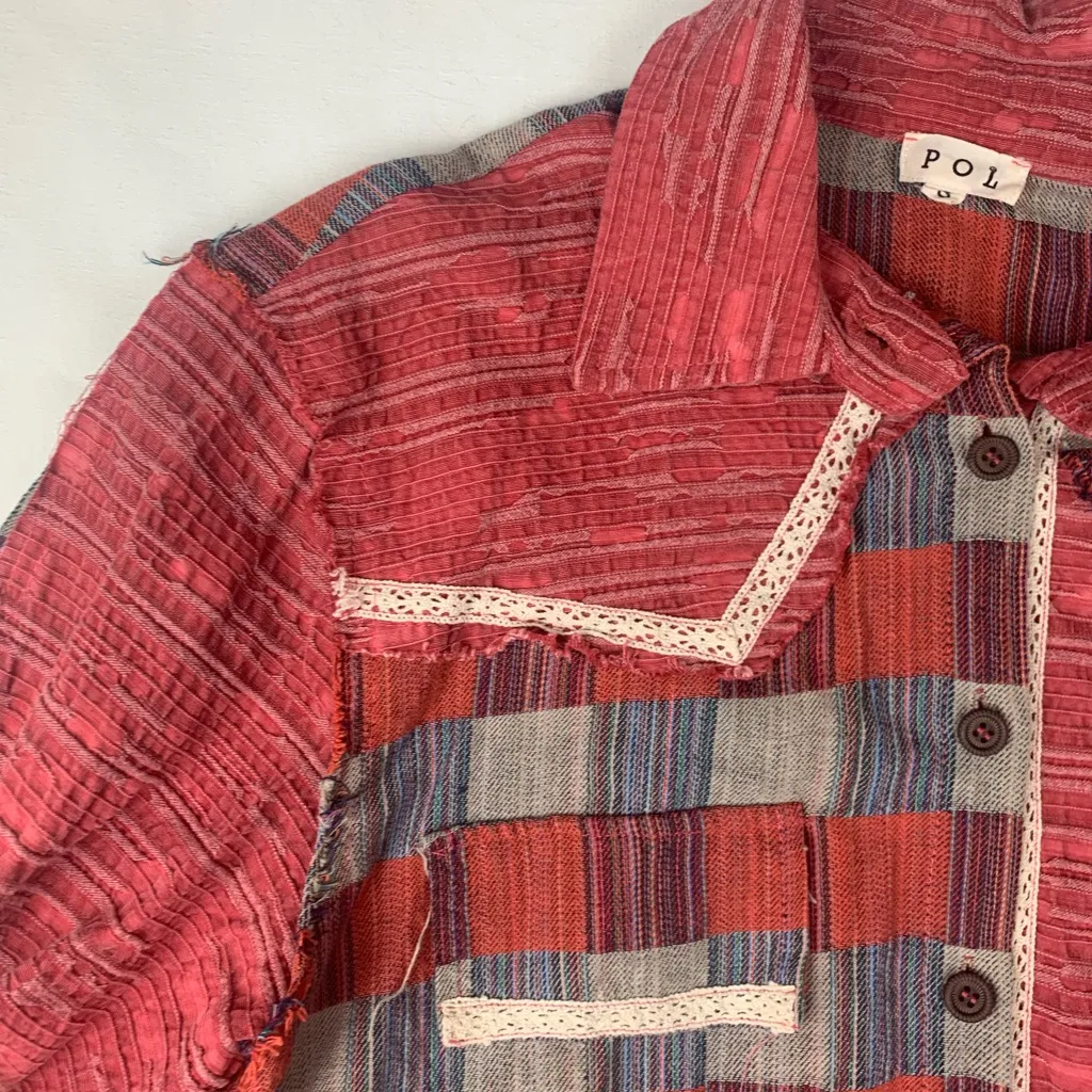 POL  size small  oversized patchwork button up shirt boho Red Gray Shirt - Image 4