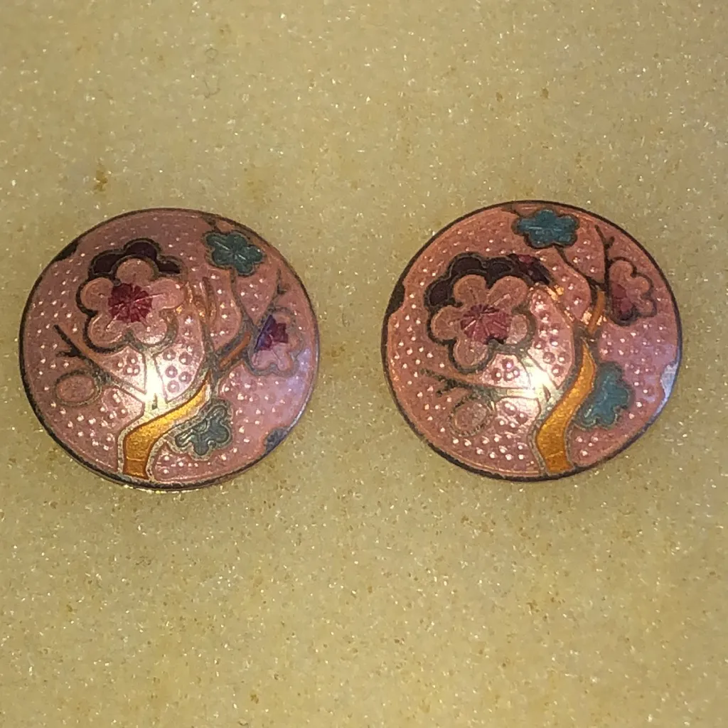 Floral Enamel Cloisonné Vintage Button Earrings Pink - Image 4