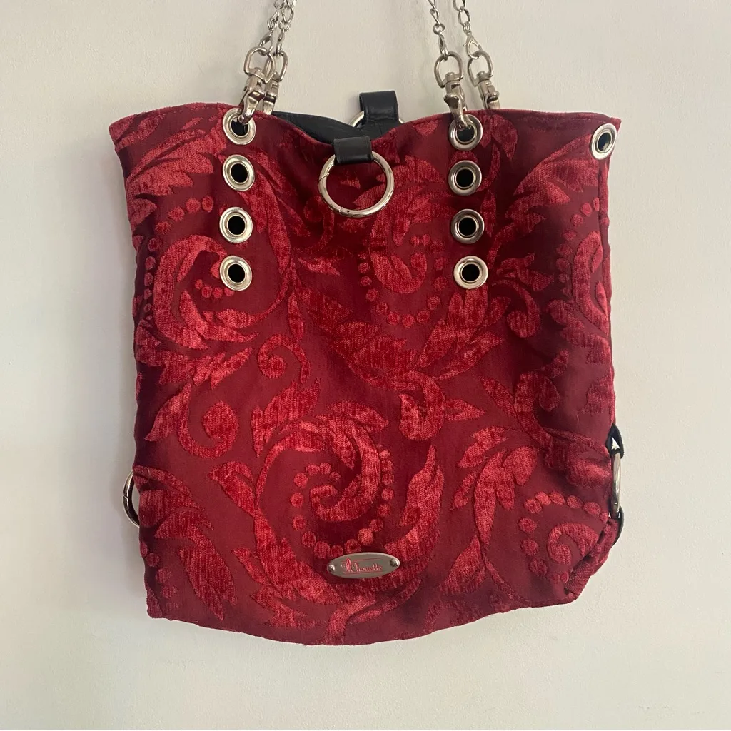 Chouette Reversible‎ Convertible Black Leather Brocade Boho Hobo Tote Purse Bag - Image 2