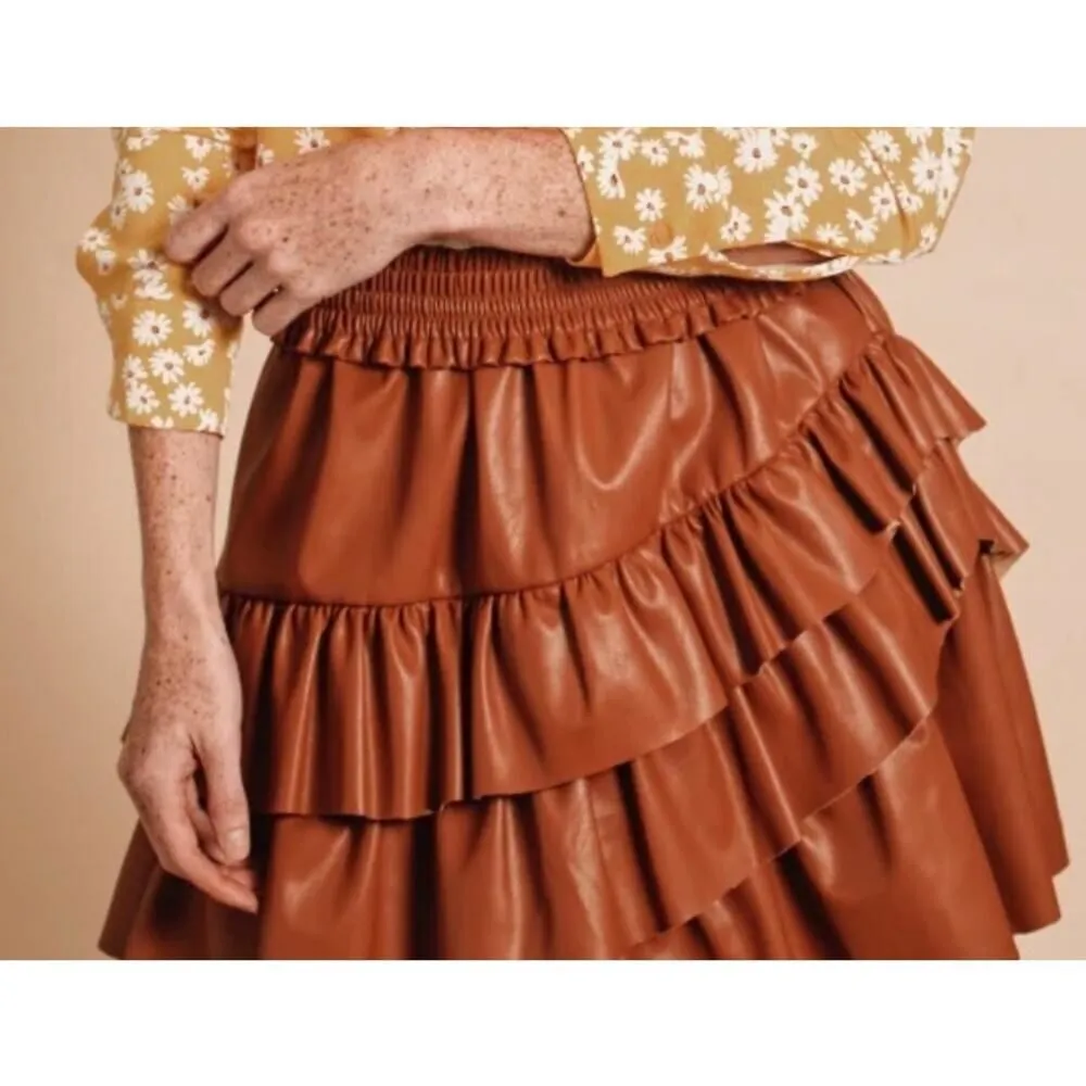 Rochelle Behrens Mini Skirt in Cognac Vegan Leather NWT Sz. S Brown - Image 2