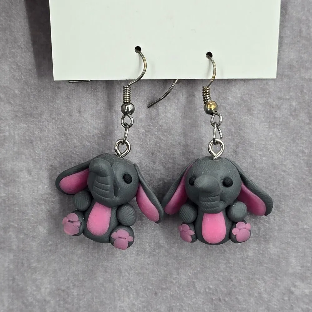 Gray Elephant Floppy Ears Dangle Hook Earrings Boho Fashion Jewelry - Image 2