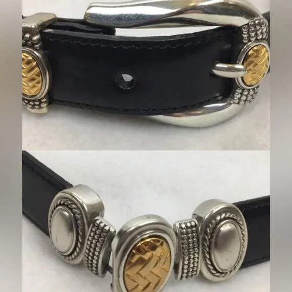 Brighton Black Leather Metallic Concho Trim Belt M - Image 2