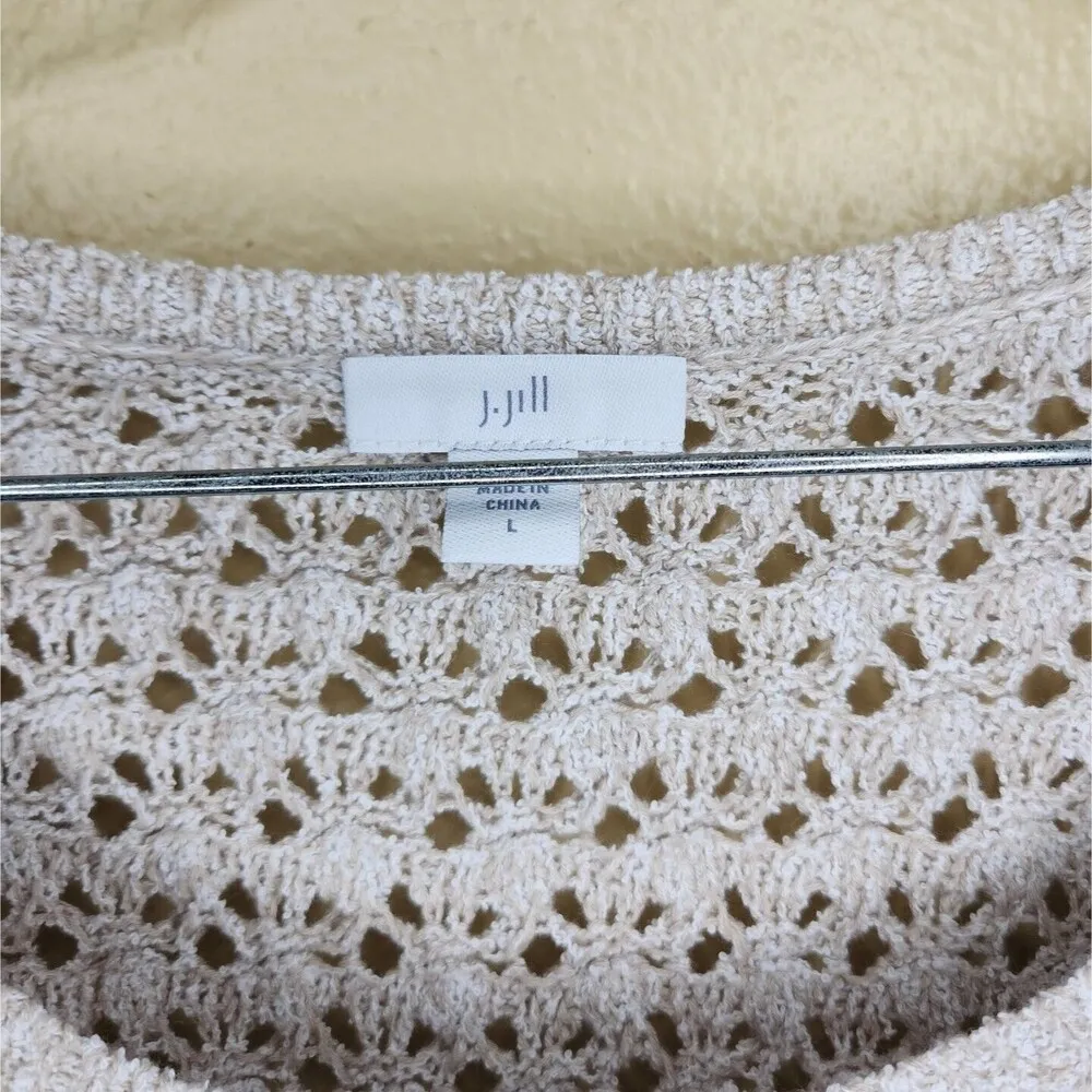 J. Jill Oatmeal Open Knit Crochet Flared Sleeve Side Tie Sweater Boho Cottage - Image 3