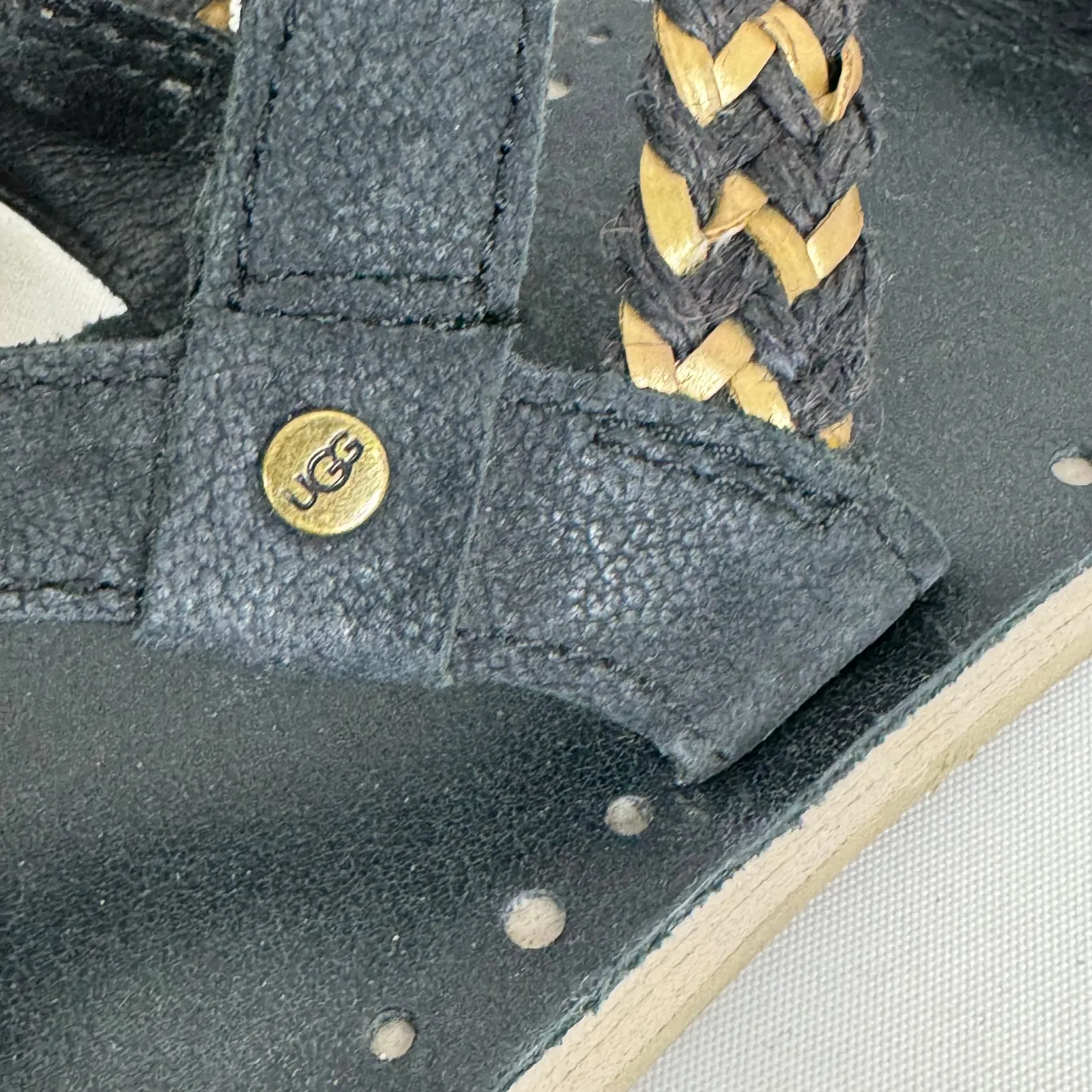 Ugg Black Leather Elin‎ Sandals Buckle Flats Braided Gold Accents Women Sz 7M US - Image 9