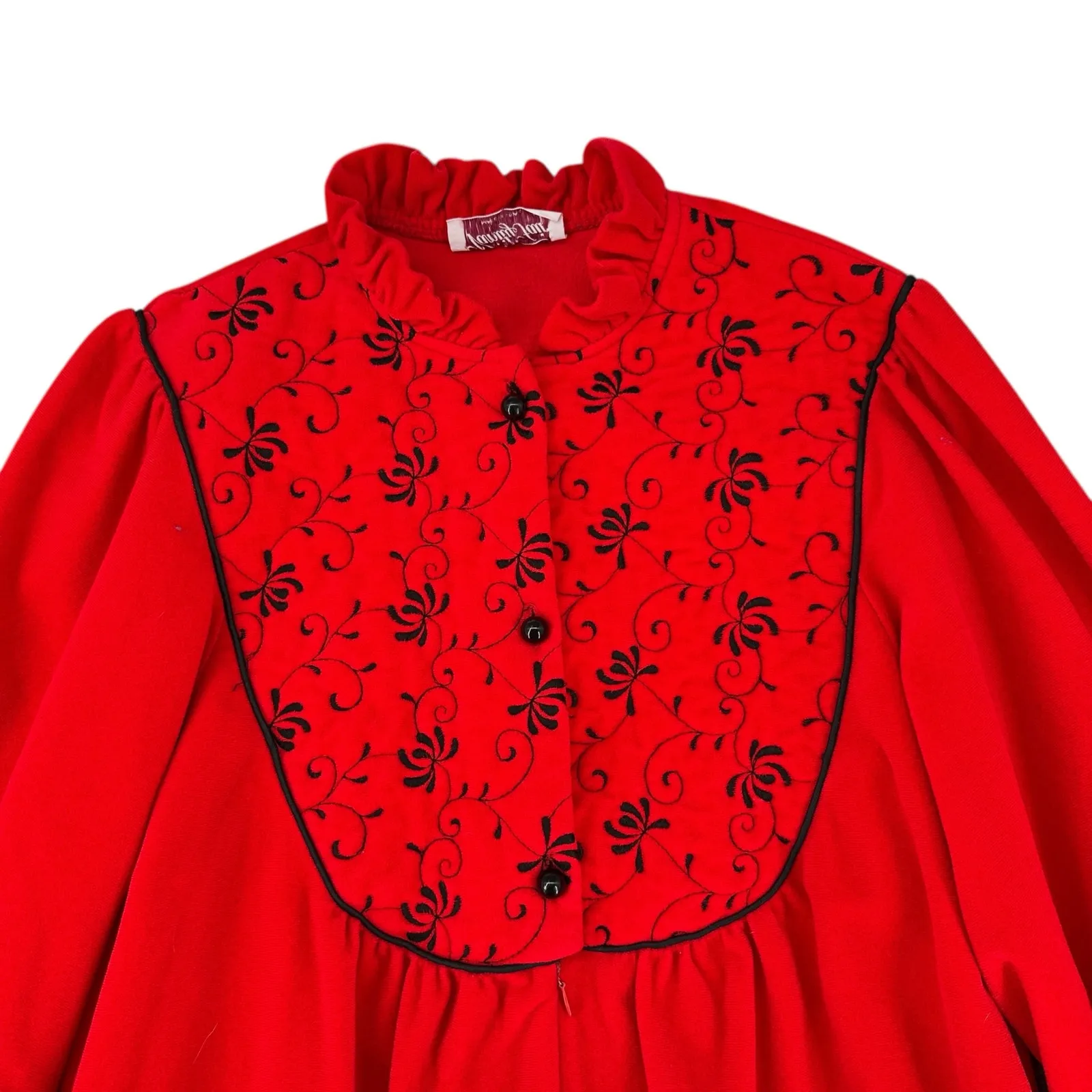 Vintage 1980s Red Velour Nightgown Large Gothic Romantic Floral Embroidered - Image 5