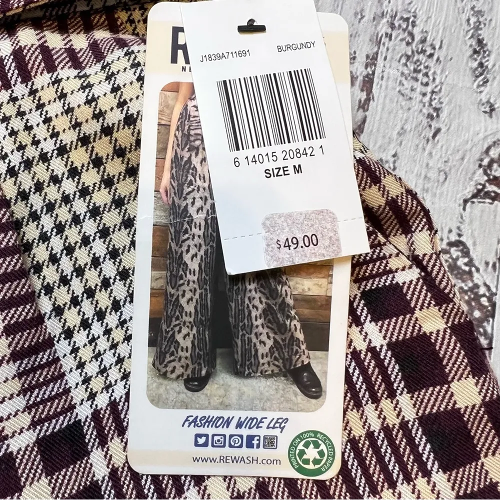 Rewash Burgundy Plaid Fashion Wide Leg Pants. Size Medium. NWT - Image 6