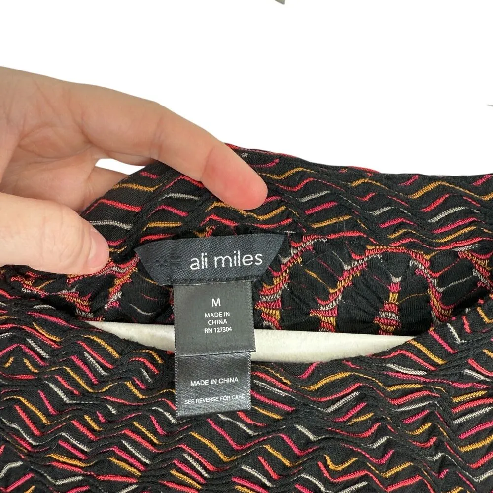 Ali Miles Geometric Multicolor Blouse Boho Artsy 3D Knit Womens Size Medium Black - Image 3
