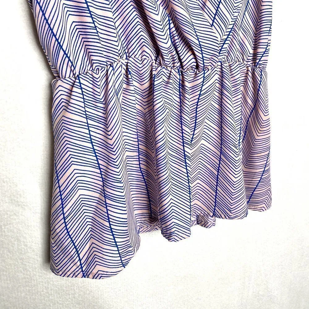 Poema Sleeveless Deep V-Neck Peplum Blouse Tank Top Pink Blue Small Striped - Image 4