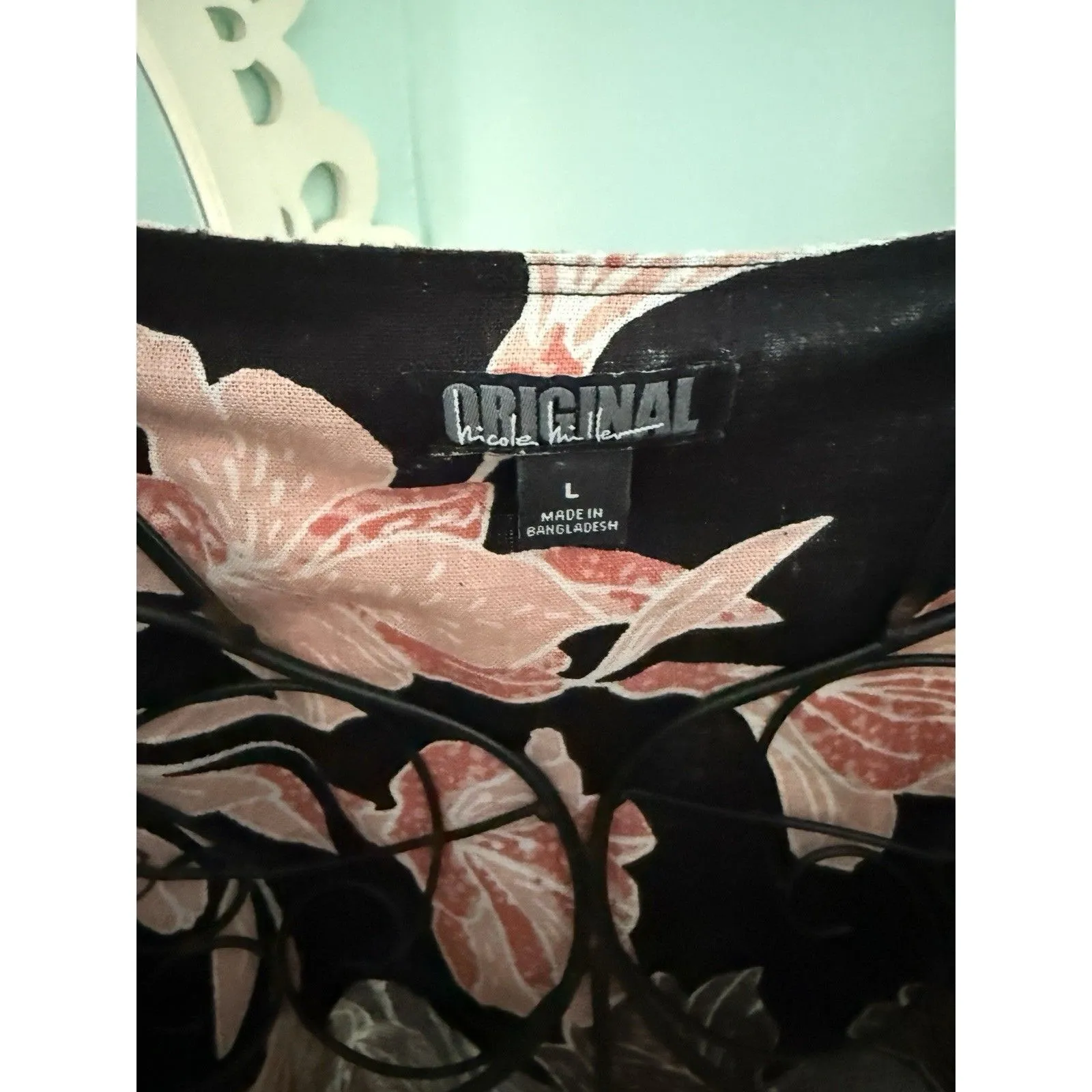 Nicole Miller Sz L Linen‎ Floral MuMu Dress S/S Lagenlook Loose Vtg Artsy - Image 3