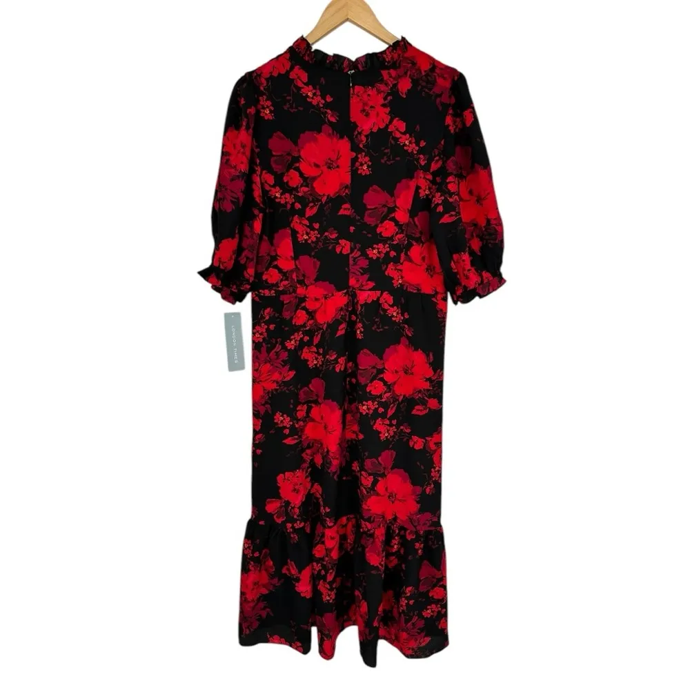 London Times Floral Puff Sleeve Smocked Tiered Midi Dress size 12 Black/Wine Red - Image 10