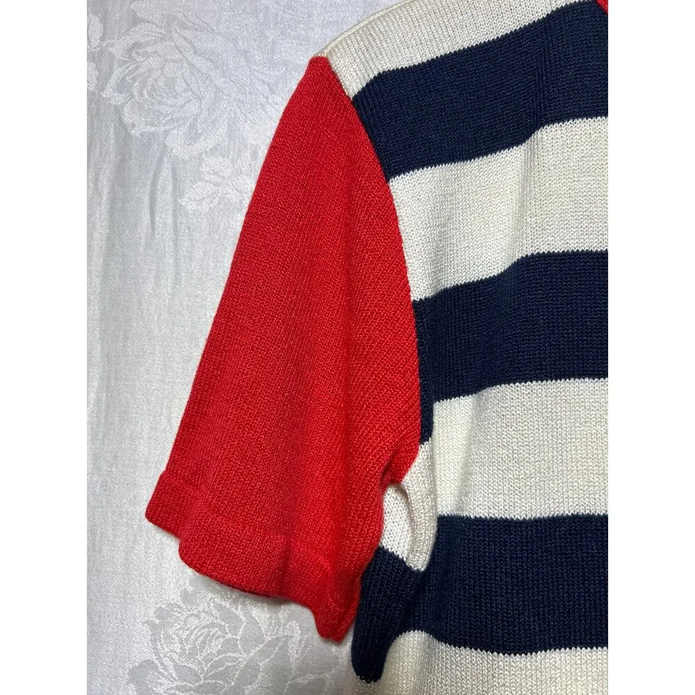 Ami Knits VTG Sweater 8 PETITE Navy White Stripes Short Slv Red Gold Buttons USA Blue - Image 3