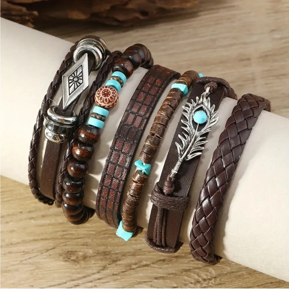 6pcs Exquisite Bohemian Chic Women's Bracelet Set Handcrafted Brown Faux Leather - Image 2