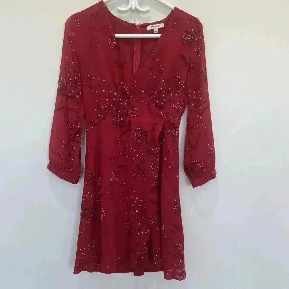 Madewell Red Wrap Floral Print Crepe Mini Dress sz 0 - Image 2