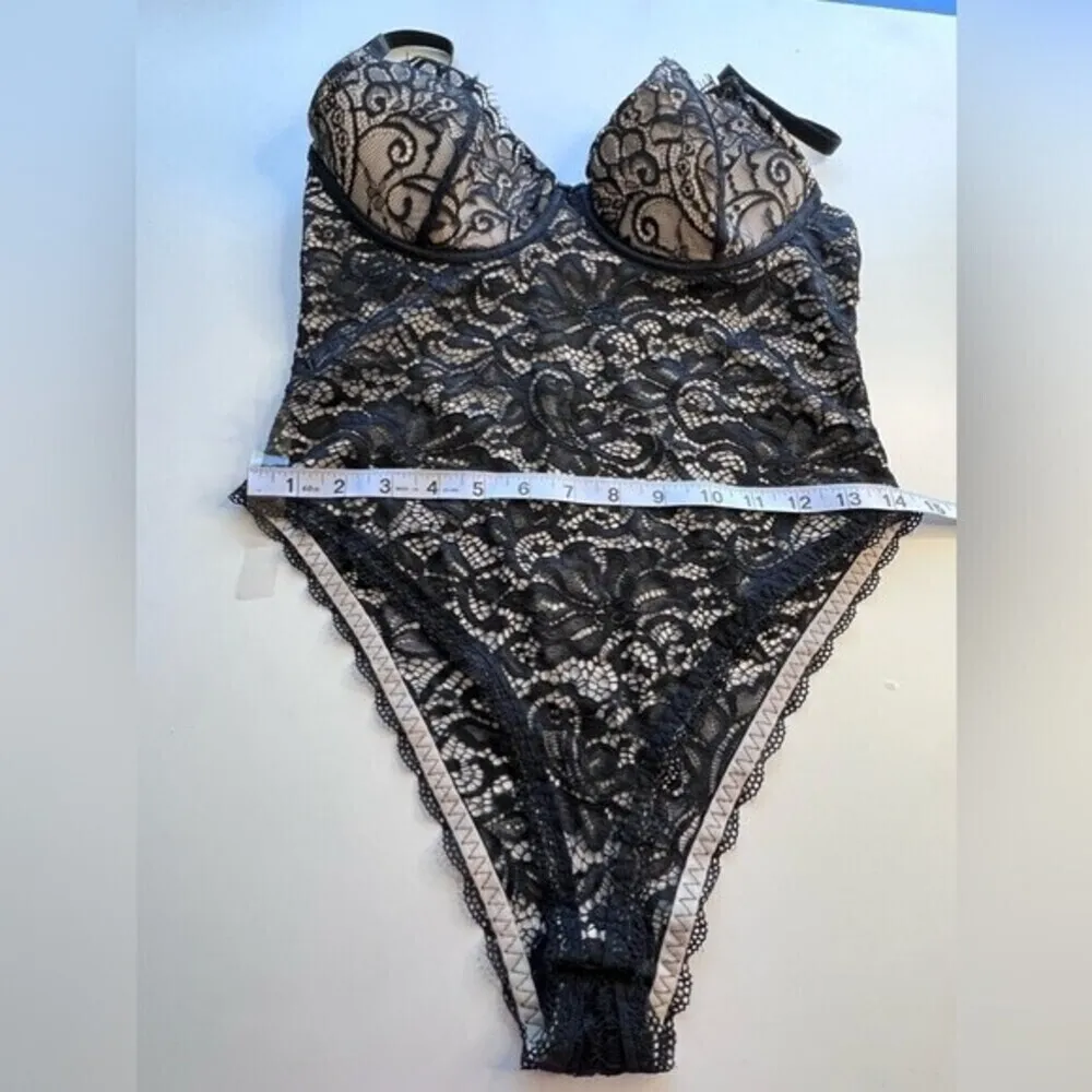 Sheer mesh sleeves floral lace spaghetti eyelash lace body suit. - Image 12