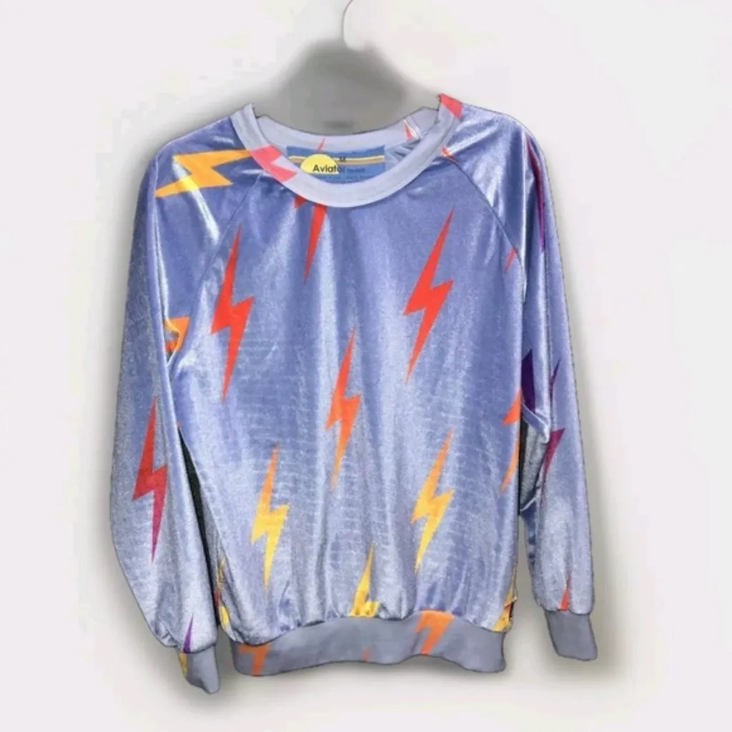 Aviator Nation Sweater Blue Velour Thunder LightBolt Medium Pullover Sweatshirt - Image 3