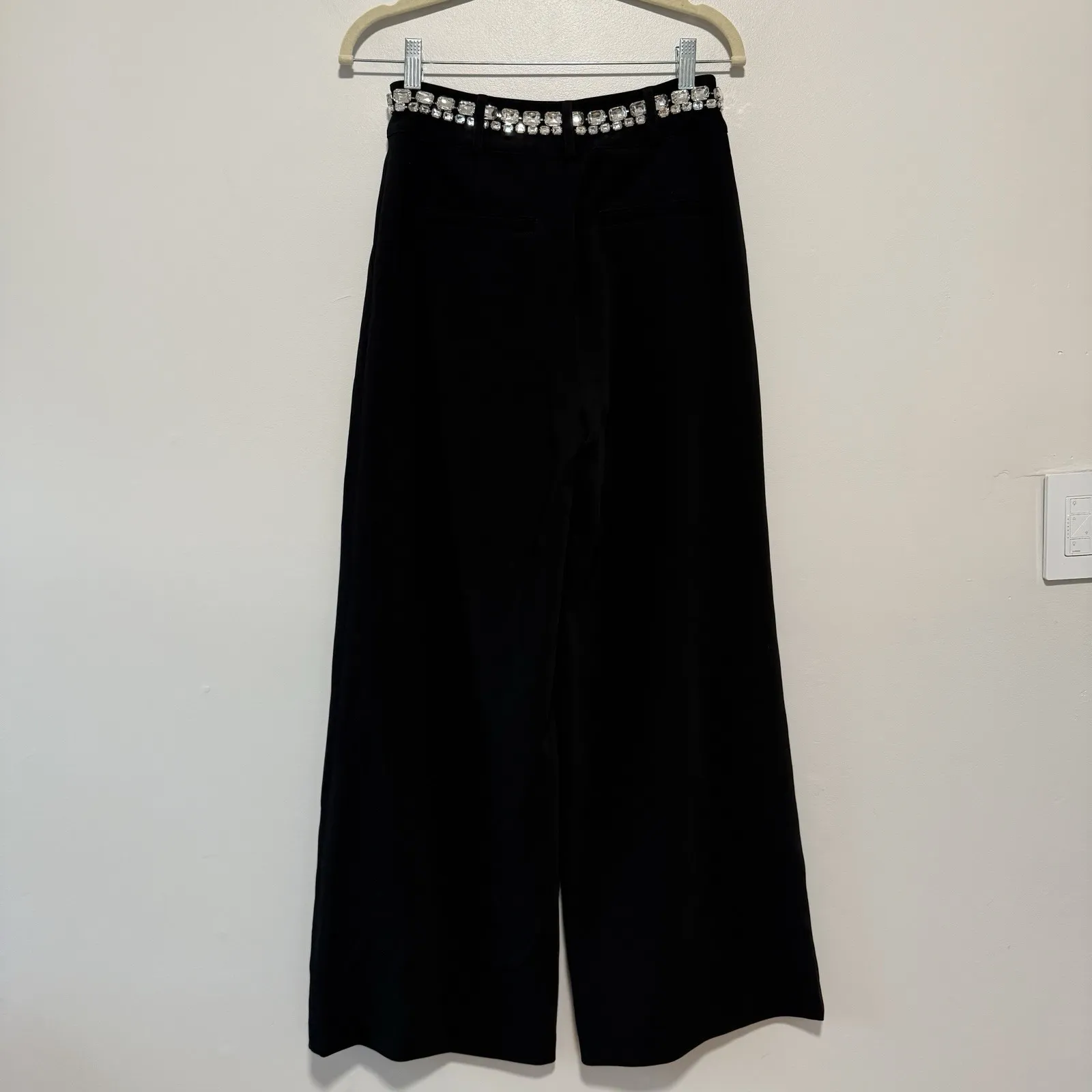 Cinq a Sept Rhinestone Chain Genna Black Crepe Wide Leg Pant Size 2 - Image 9