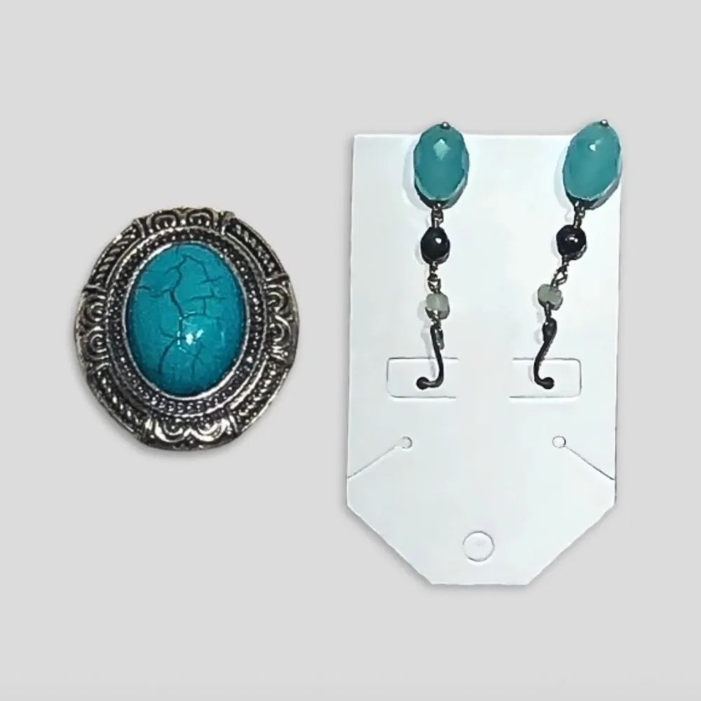 Vintage Turquoise Pendant Necklace Earrings Ring Jewelry Set Blue - Image 2