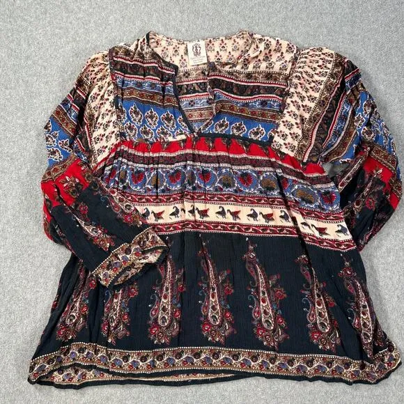 Gypsy Rose Peasant Top Women's Medium Mixed Print V-Neck 3/4 Sleeve Birds Boho - Image 1