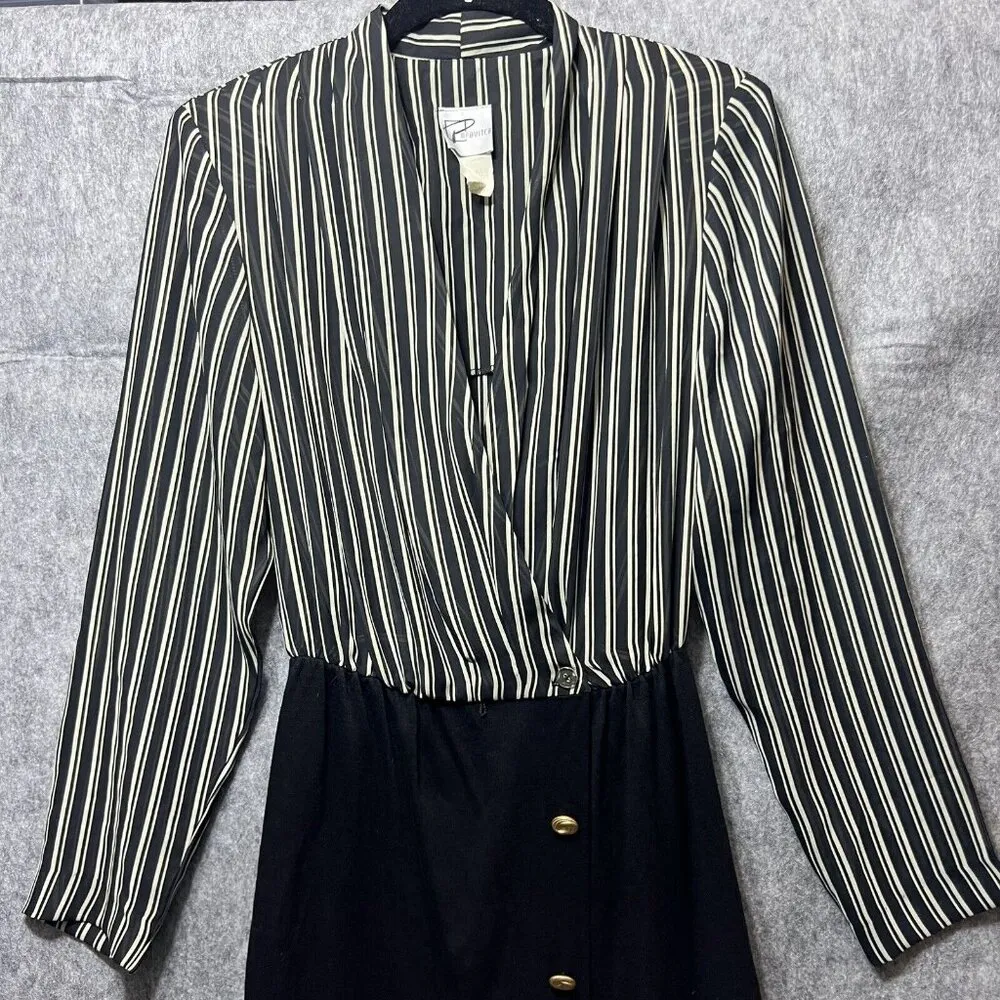 Vintage Popovich Dress Womens Size 10 Black Striped Secretary‎ Long Sleeve Work - Image 2