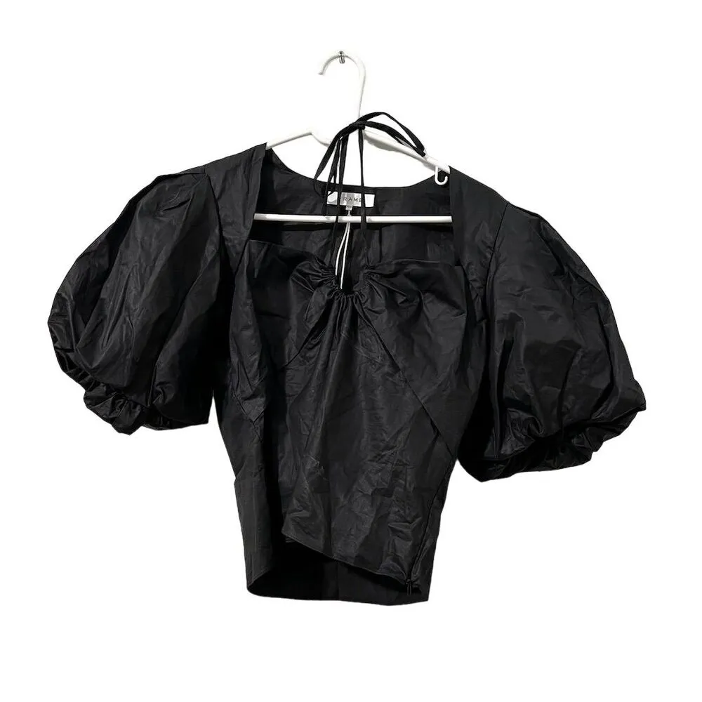 FRAME Women's Black Puff Sleeve Tie Neck Blouse Size M - Image 3