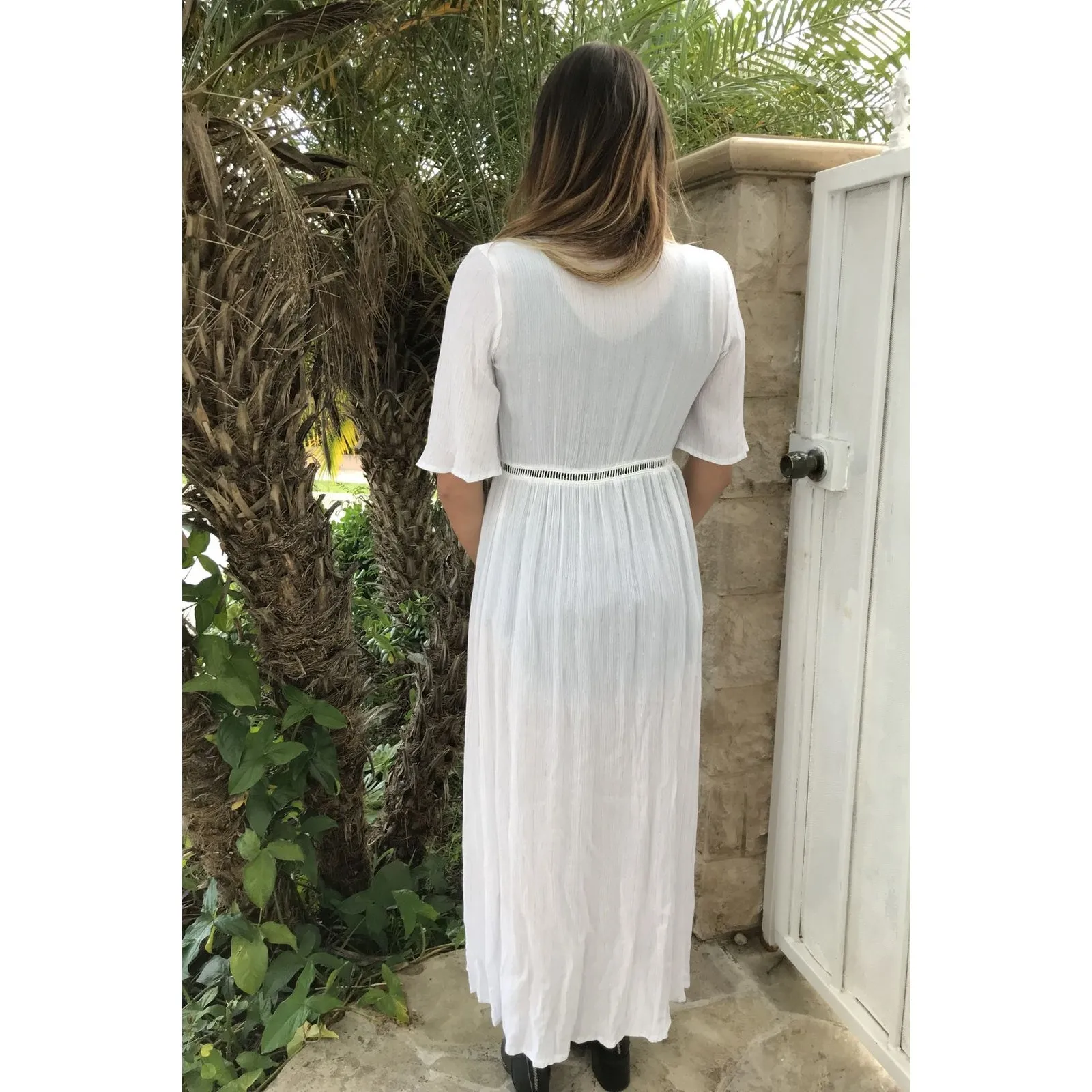 Bear Dance Womens Swim Coverup Sz M White Silver Trim Tie Front Longline Kimono - Image 4