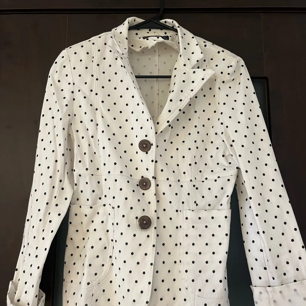 White Polka Dot Blazer with Brown Buttons Size M - Image 2