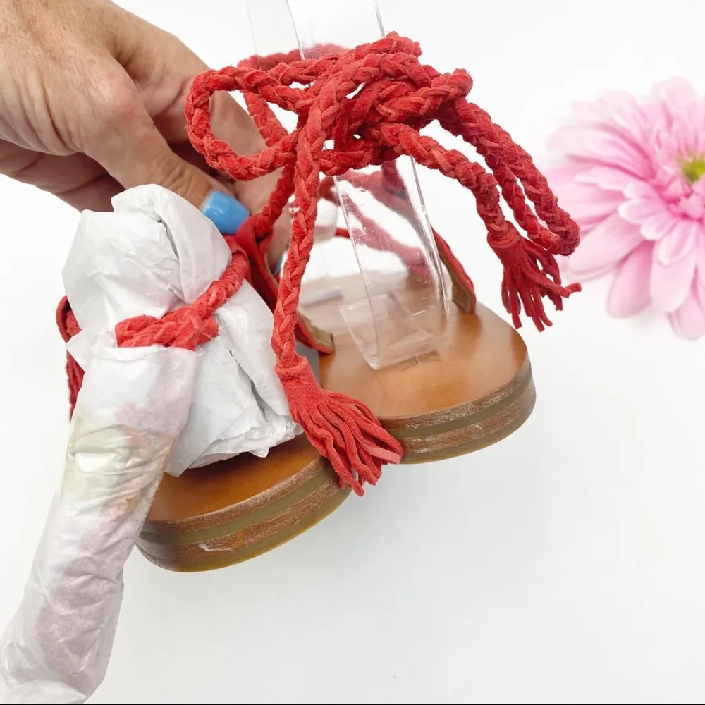 Frye Ruth Suede Leather Whipstich Gladiator Ankle Wrap Sandals Flats: Red - Image 10