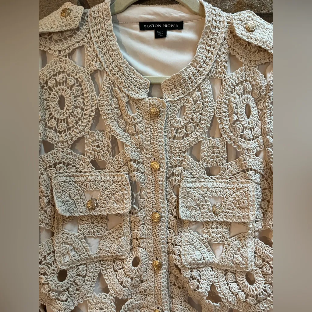 Boston Proper Crochet Three Quarter Sleeve Jacket Cream Medium Boho Cottagecore - Image 4