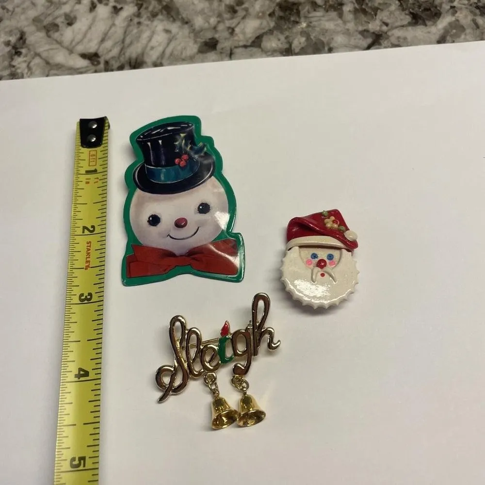 Lot Of 3 Costume Brooch Pins Christmas Holiday 2 Handmade Santa Snowman Etc - Image 4