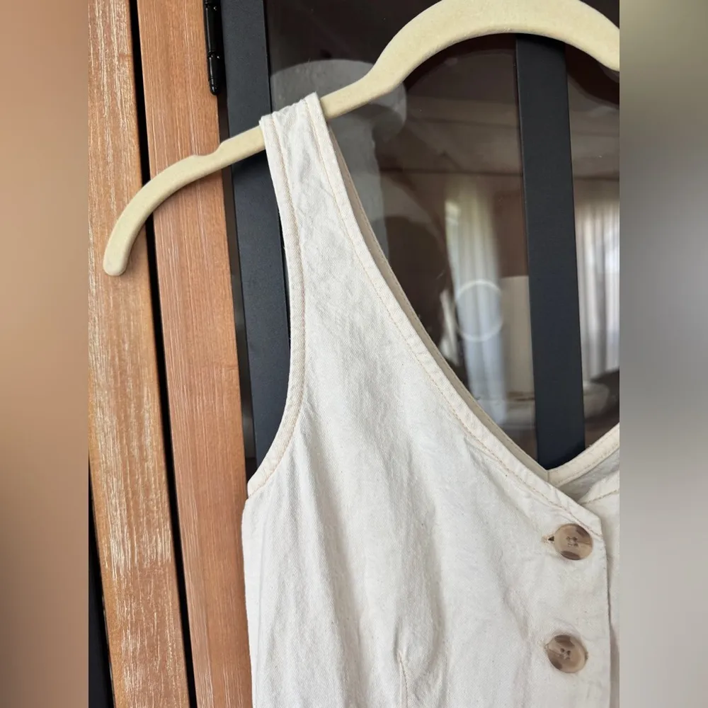 ASOS denim jumpsuit oatmeal wide leg straight beige lineny sleeveless pockets - Image 5