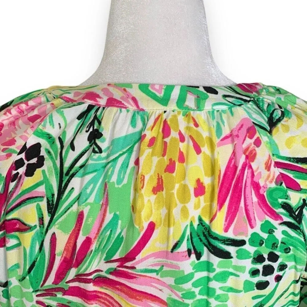 Pappagallo Eliza Blouse Green Multicolor Painted Pineapple Print Plunge Neck Top Size undefined - Image 4