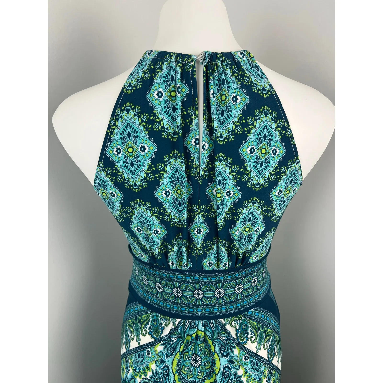 London Times Sleeveless High Neck Green Blue Paisley Print Dress Stretch 4 - Image 5
