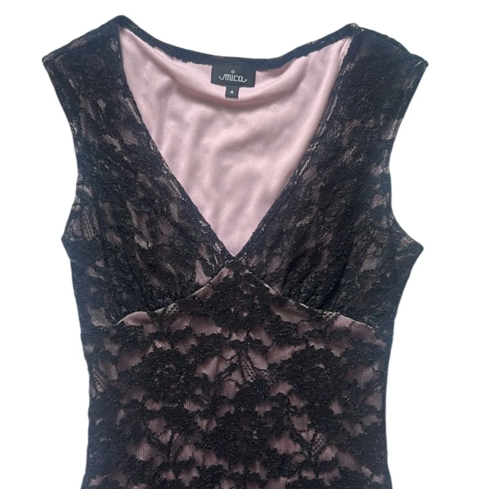 Black Lace Bodycon Floral Mini Dress Sz 4 Pink Lining Sleeveless Party Cocktail - Image 3