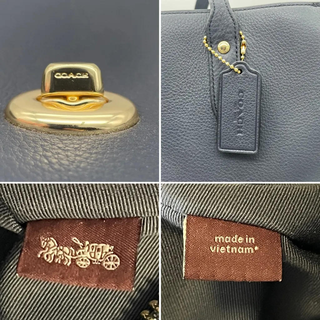 Coach F12184 Town Tote Midnight Navy Pebble Leather Shoulder Bag Gold Hardware - Image 13