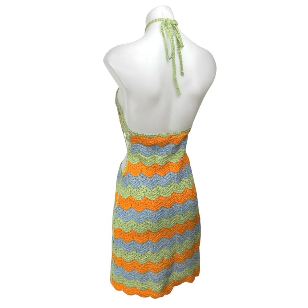 Zara Multicolor Halter Sleeveless Striped Crochet Knit Cutout Mini Dress Size S - Image 2
