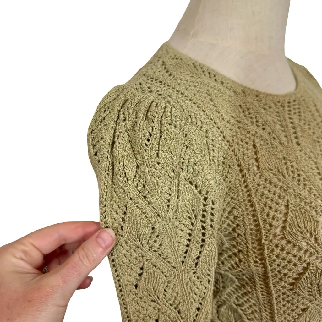 Vintage Pointelle Open Knit Puff Sleeve Sweater Top French Style Cottagecore Green Size XS - Image 5