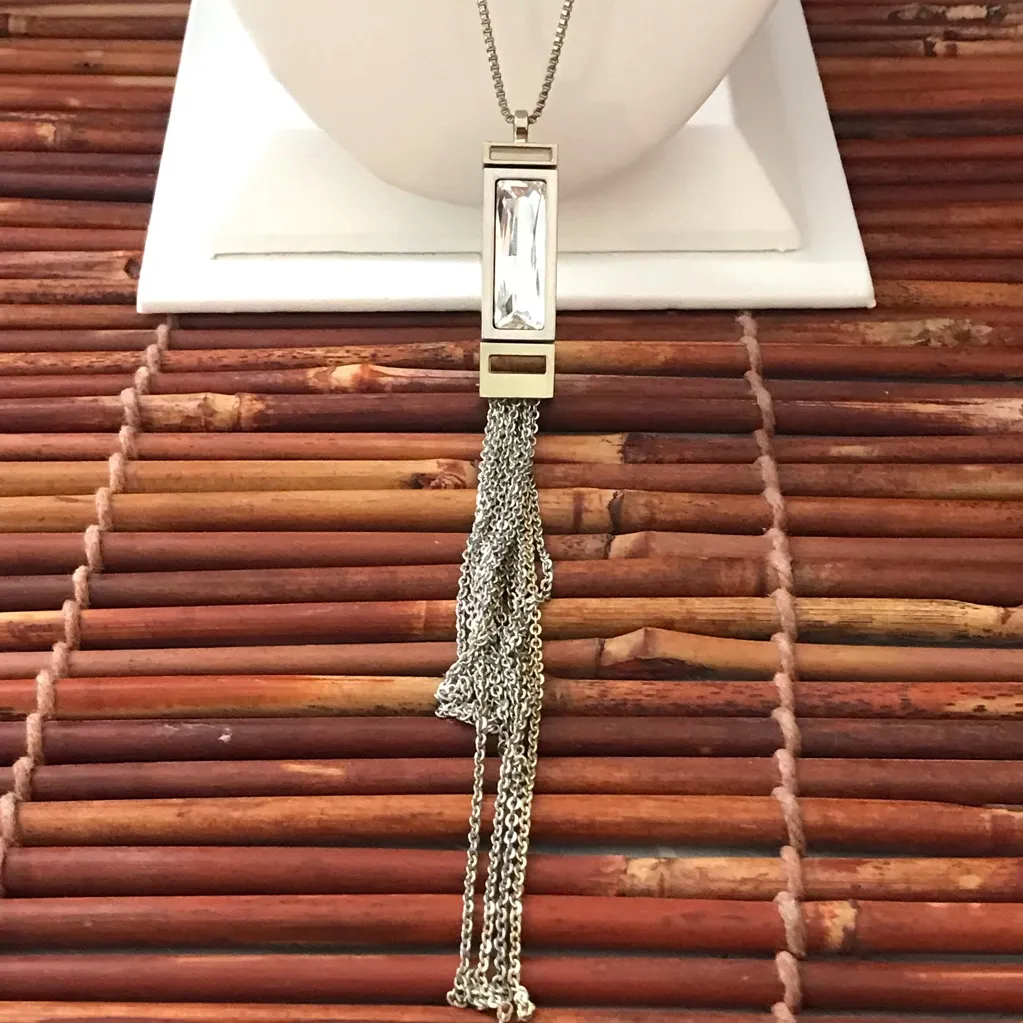 White House Black Market SIlver & Gold Tone Crytal Tassel Necklace - Image 4