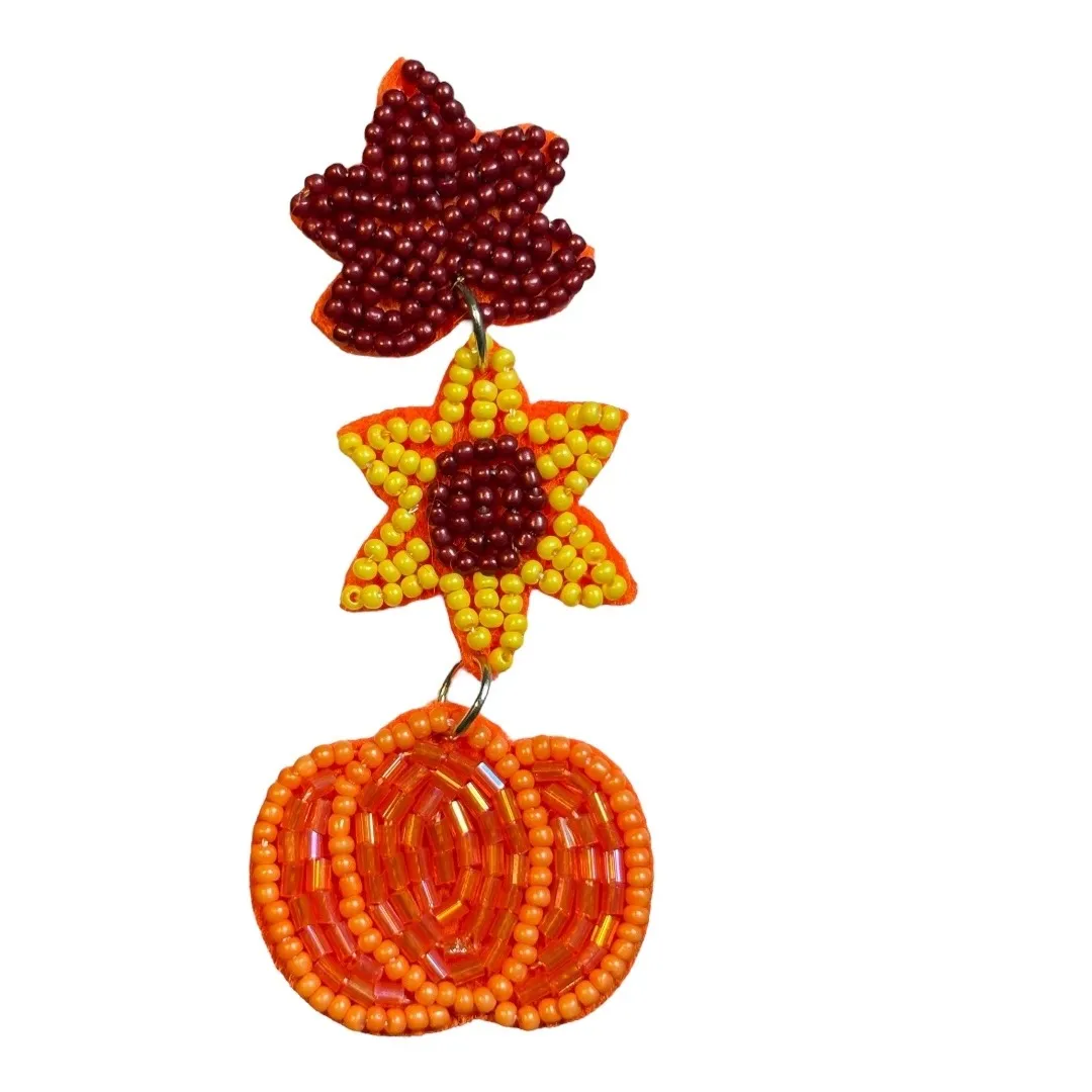 Fall Beaded Dangle Earrings Maple Leaf‎ Sunflower Pumpkin Earrings Autumn New Orange - Image 2