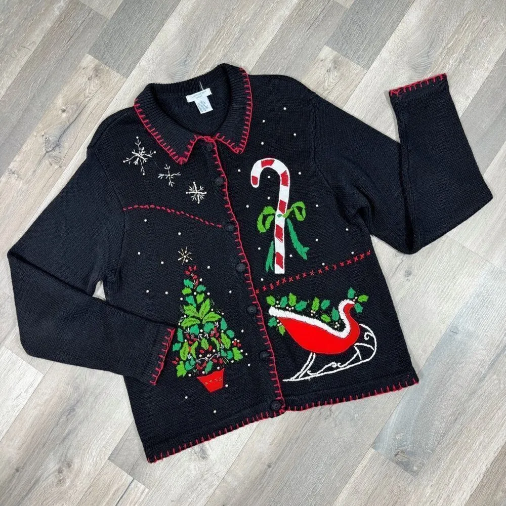 Vintage Ship N Shore‎ Sport Christmas Cardigan Embellished Ugly Sweater Black Size L - Image 10