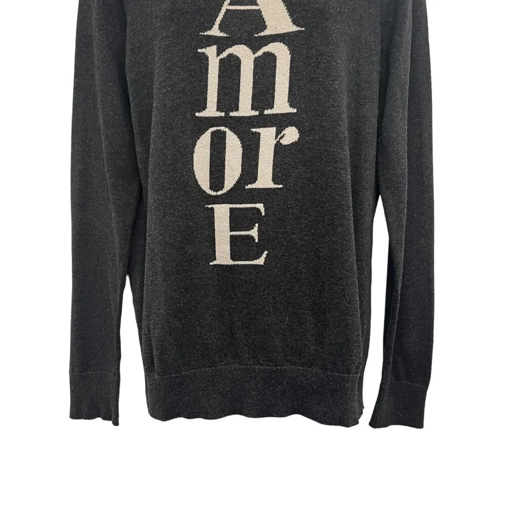 Amore French Love Long Sleeve Gray Knit Pullover Crewneck Sweater Top Medium - Image 5
