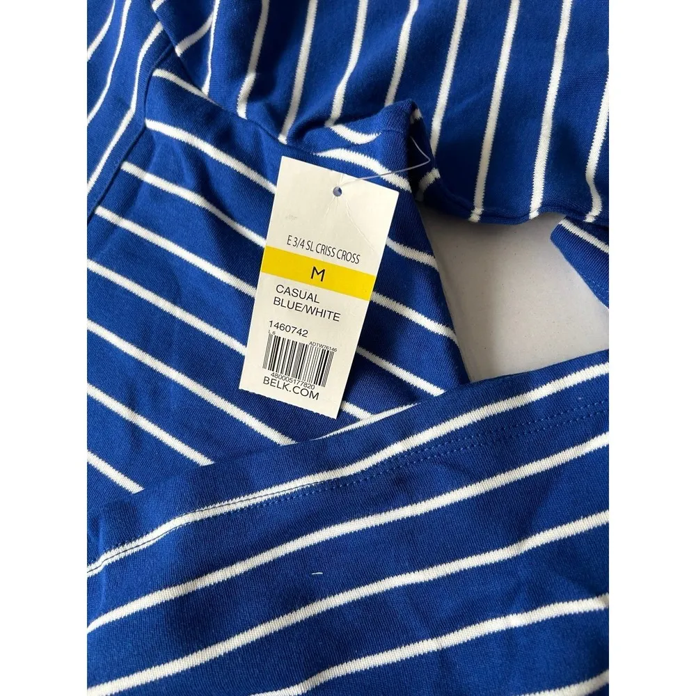 Kim Rogers Womens Knit Top size M Royal Blue White Stripes 3/4 Sleeve - Image 4