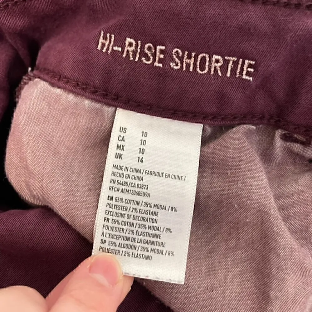 AMERICAN EAGLE Super Stretch Hi-Rise Shortie Burgundy Maroon Red Raw Hem Shorts - Image 8